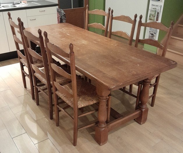 Degelijke kloostertafel met 6 stoelen, Ophalen, Gebruikt, Eikenhout, 50 tot 100 cm