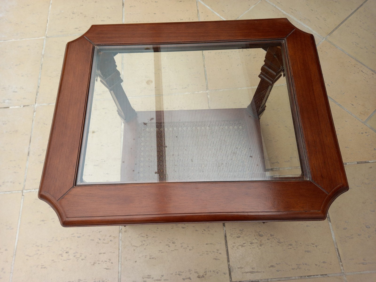 Bijzettafel in kerselaar met glazen blad, Klassiek, 55 tot 75 cm, Zo goed als nieuw, Rechthoekig