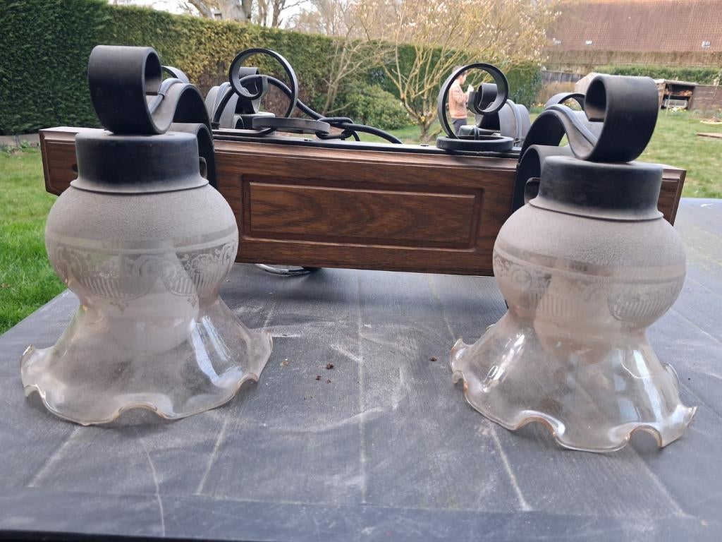 Antieke houten luster incl 4 spaarlampen, Antiek en Kunst, Ophalen
