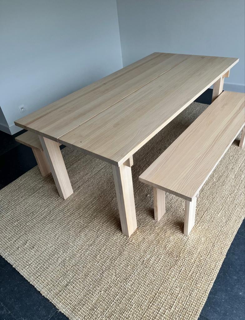 Massieve houten eettafel + zitbanken, Huis en Inrichting, Complete eetkamers, Ophalen