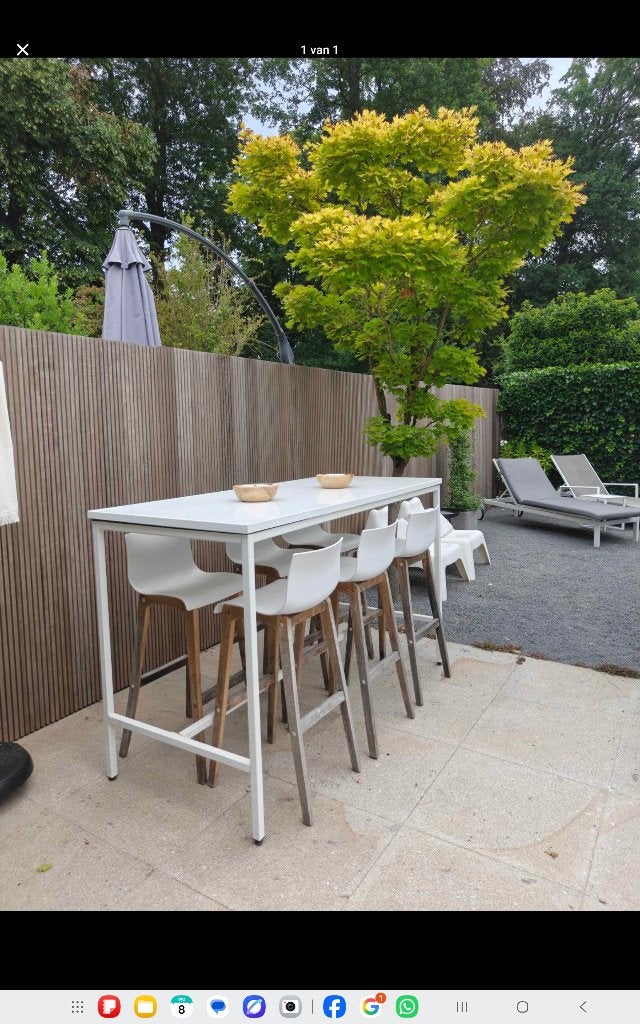 Hoge tafel aluminium met 6 krukken, Tuin en Terras, Ophalen, Gebruikt, Rechthoekig, Aluminium
