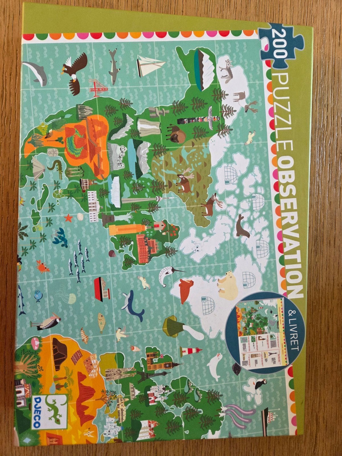 puzzel wereldkaart 200 stuks van Djeco, Ophalen of Verzenden, Meer dan 50 stukjes, Zo goed als nieuw, 6 jaar of ouder