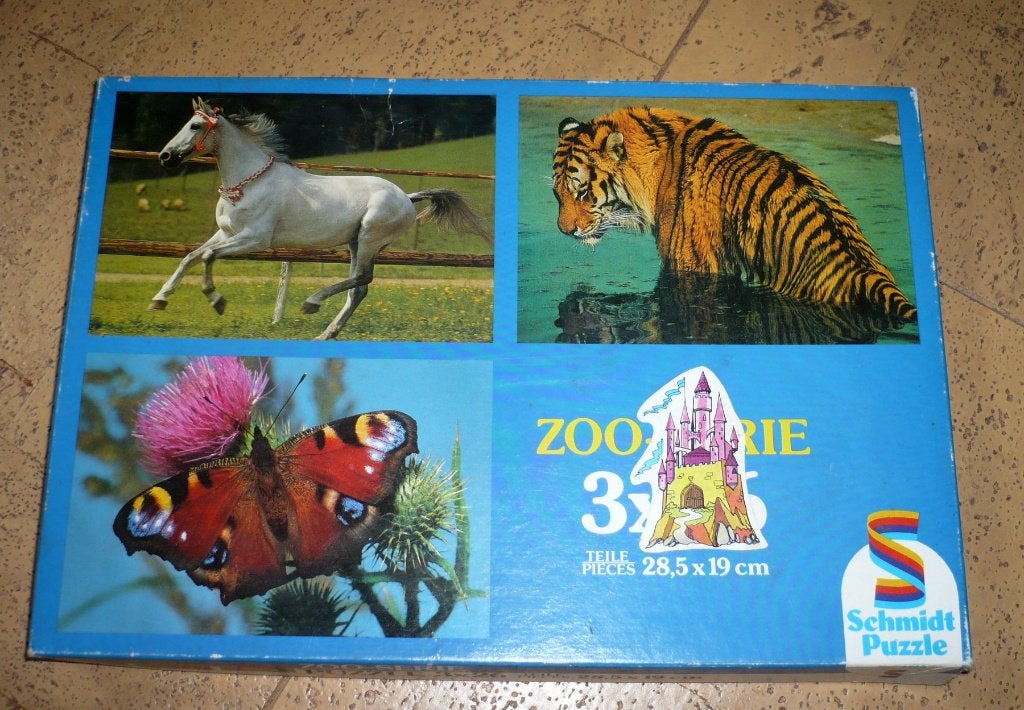 Boite 3 puzzles animaux tigre cheval papillon, Enfants & Bébés, Enlèvement, 10 à 50 pièces, Utilisé, 4 à 6 ans