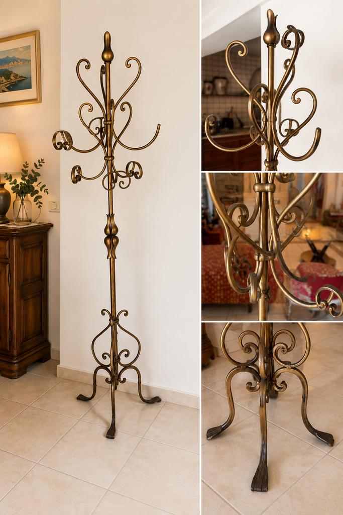 Porte manteau ancien en fer forgé artisanal italien 1m90, Utilisé, Métal, Portemanteau sur pied, 150 à 200 cm