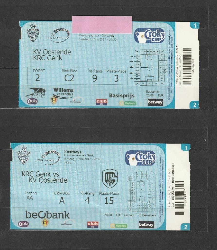 tickets H/T 1/2 finale Croky Cup KV Oostende - Genk, 01/2017, Ophalen of Verzenden, Gebruikt, Overige typen