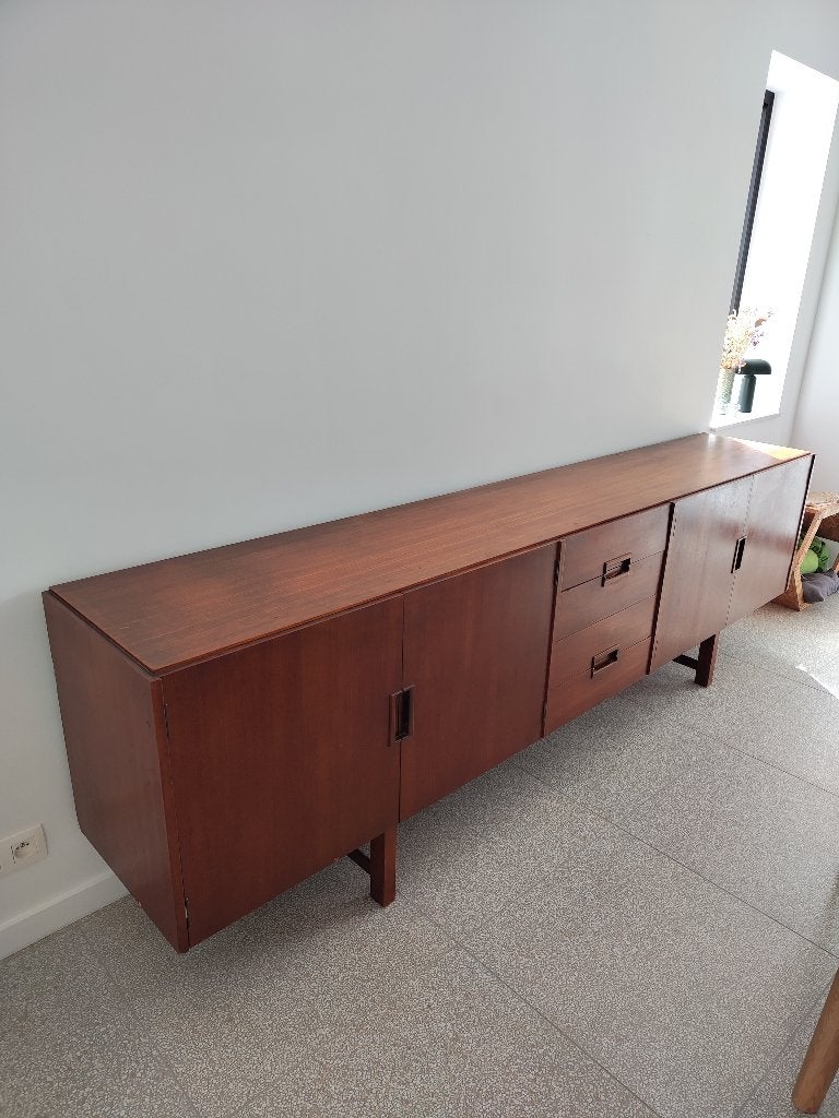Magnifique buffet/buffet vintage long, 25 à 50 cm, 200 cm ou plus, Vintage, midcentury, warme houtkleur, Enlèvement