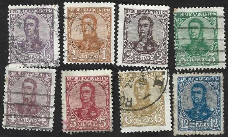 8 Postzegels Argentinië 1909 José Francisco de San Martin, Ophalen of Verzenden, Gestempeld, Zuid-Amerika