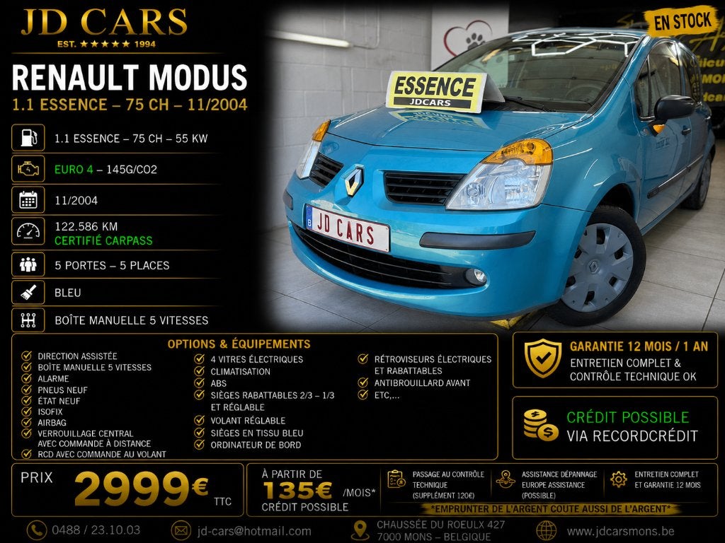 RENAULT MODUS 1.2 ESSENCE ‼️GARANTIE 1 AN CTOK‼️, Autos, 140 g/km, Entreprise, Garantie prolongée, Boîte manuelle