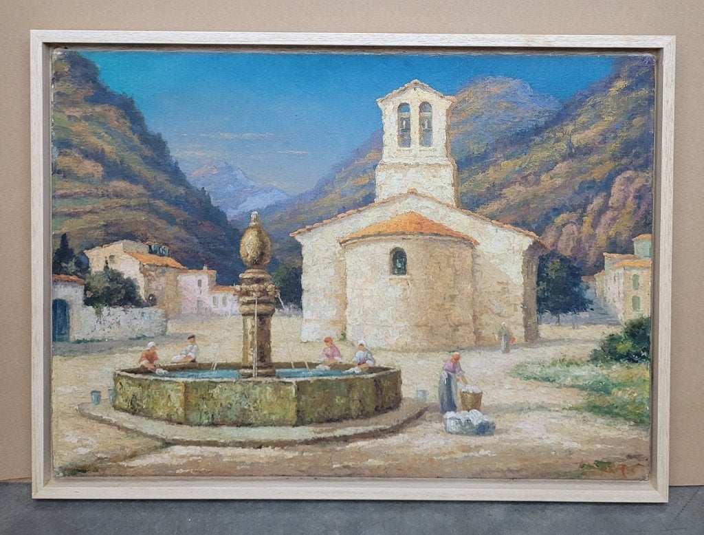 Marcel LIZEN, wasvrouwen bij de dorpsfontein, Antiek en Kunst, Doek, Impressionistisch, Ophalen of Verzenden, Gesigneerd