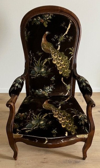 Unieke Vintage fauteuil met Pauwenmotief (Fluweel), Huis en Inrichting, Fauteuils, Ophalen, Hout