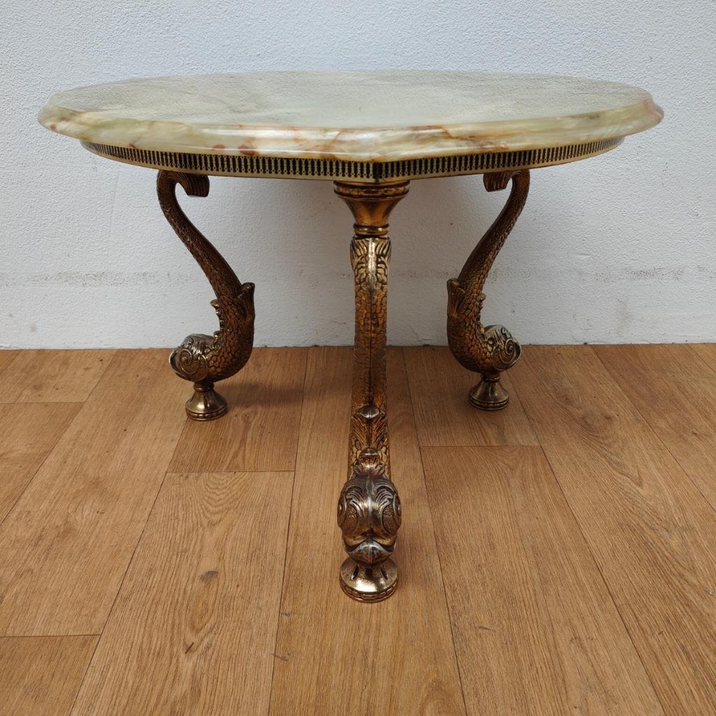 Vintage Retro Regency ronde salontafel marmer onyx blad 61cm, Antiquités & Art, Enlèvement ou Envoi