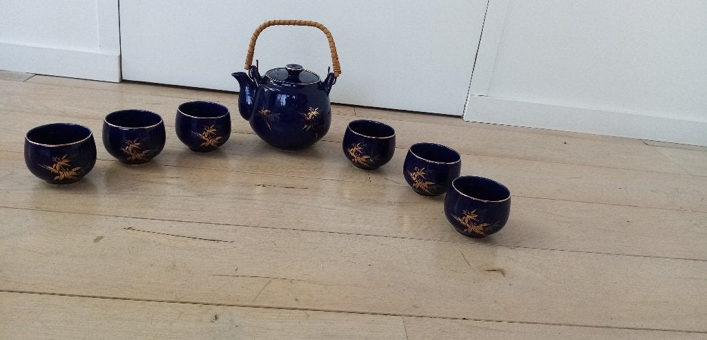 Set Théière+6 tasses à thé porcelaine bleu motif bambou Neuf, Neuf, Service complet, Asiatique, Enlèvement