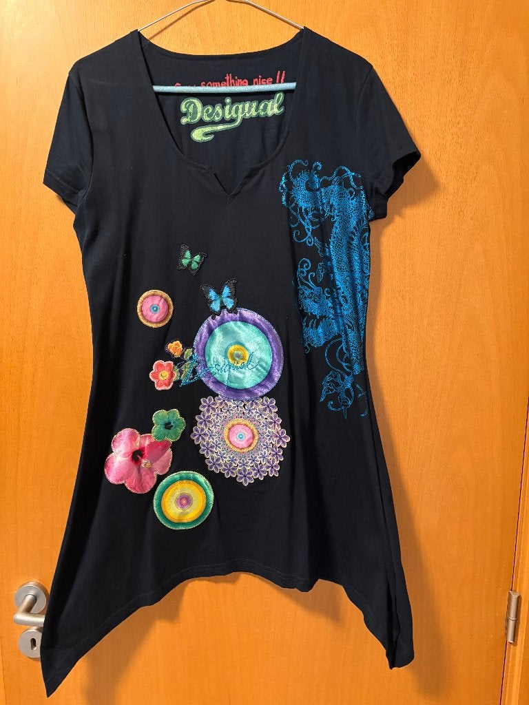Desigual Tuniek/Jurk - zwart met bloemen en vlinders (L), Kleding | Dames, Maat 38/40 (M), Zwart, Ophalen of Verzenden, Zo goed als nieuw