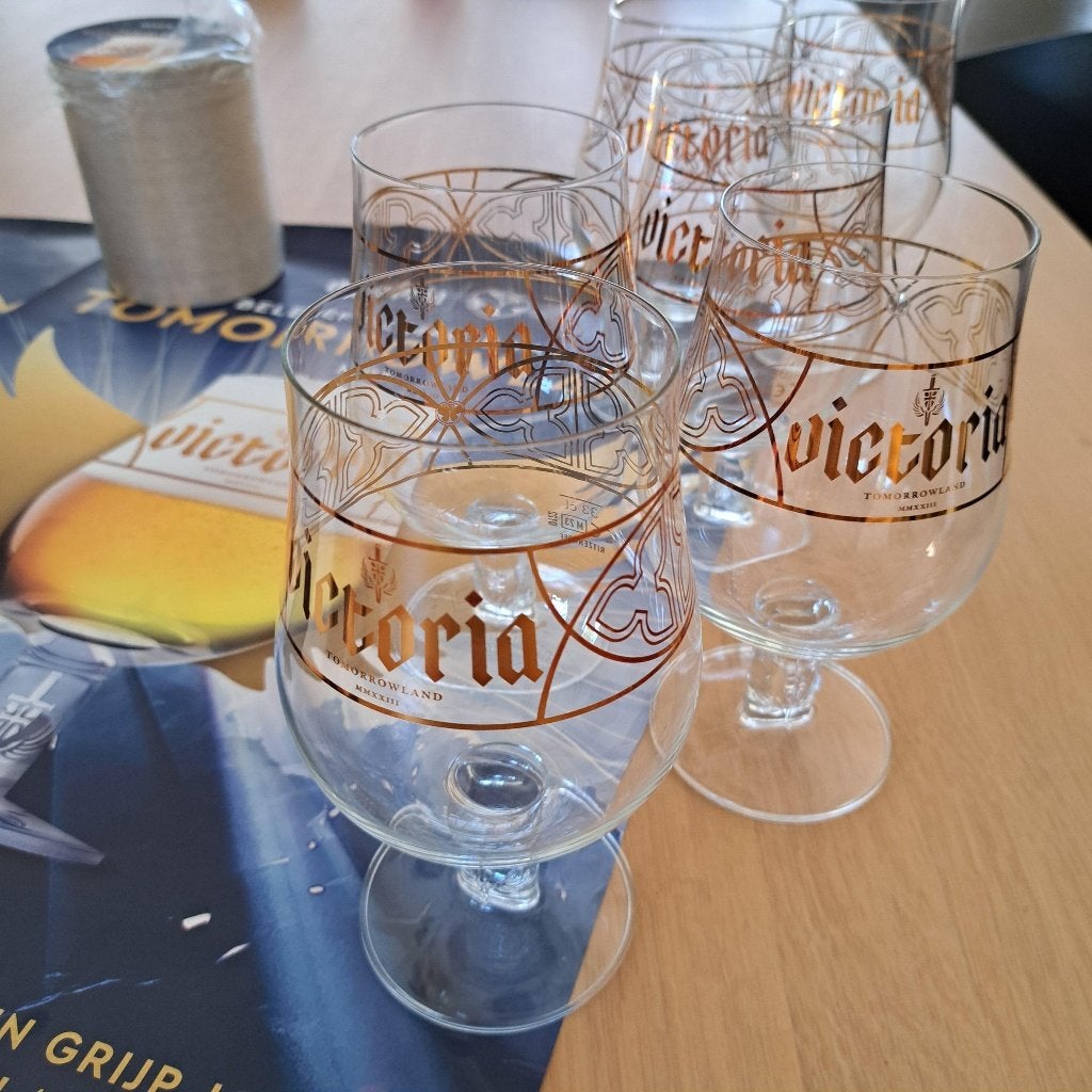 Zes bierglazen Tomorrowland met affiches en bierviltjes, Collections, Marques de bière, Envoi, Neuf, Verre ou Verres, Autres marques