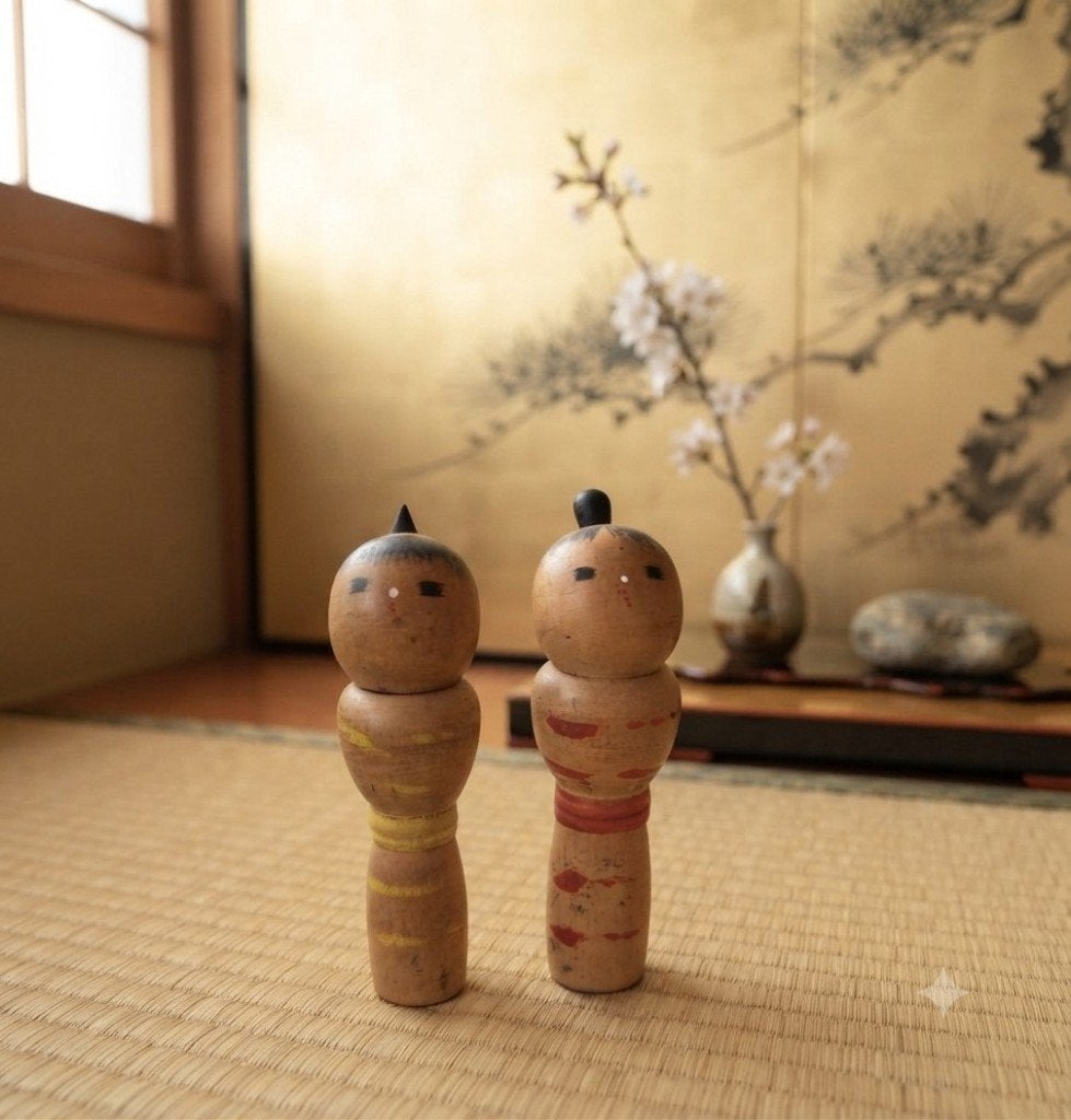 Vintage Sosaku Kokeshi paartje van Mamoru Izu, Antiek en Kunst, Hout, 11 cm, Verzenden, Geschilderd