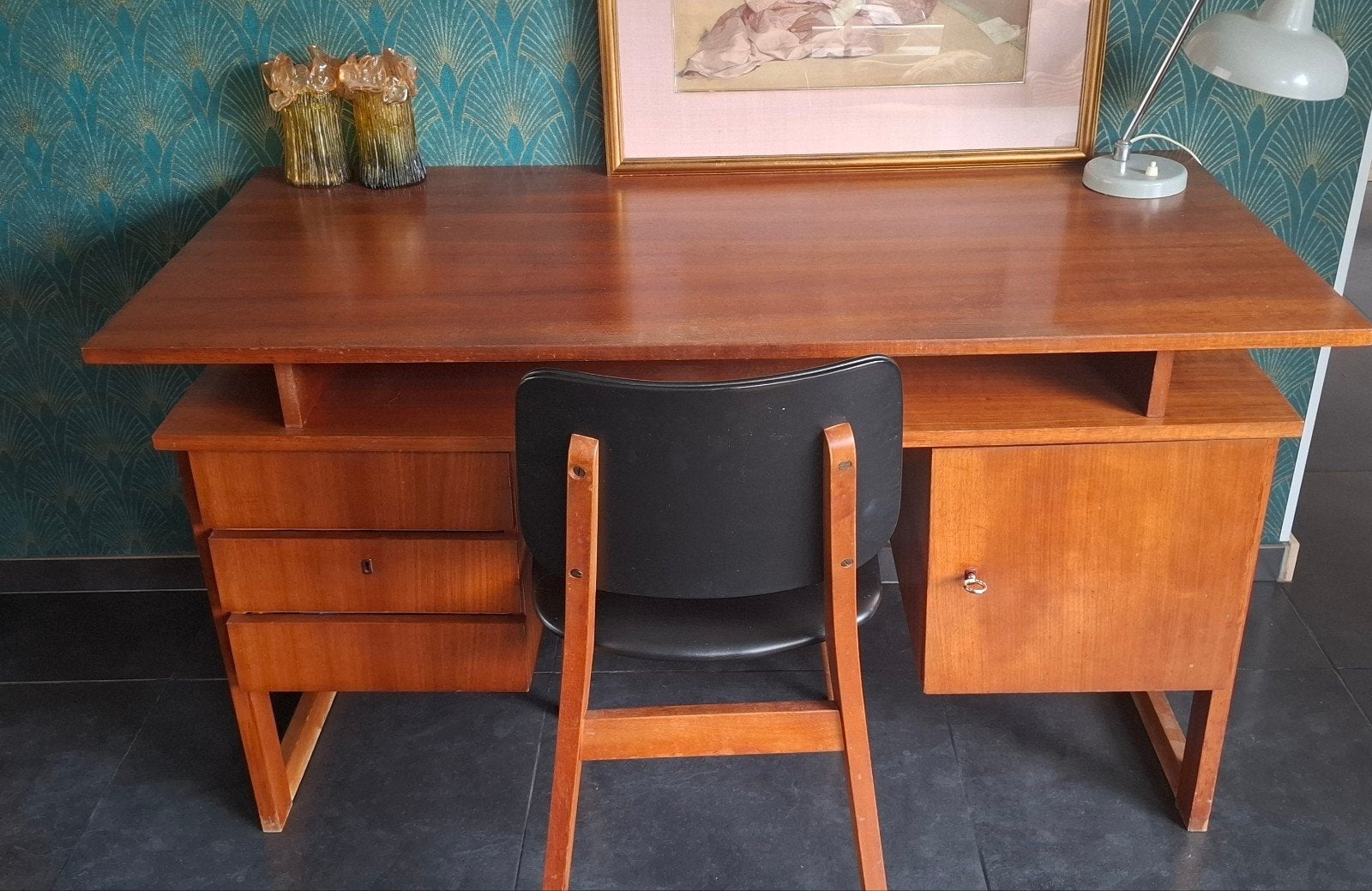 midcentury bureau, Bureau d'écolier, Vintage, Brun, Bois