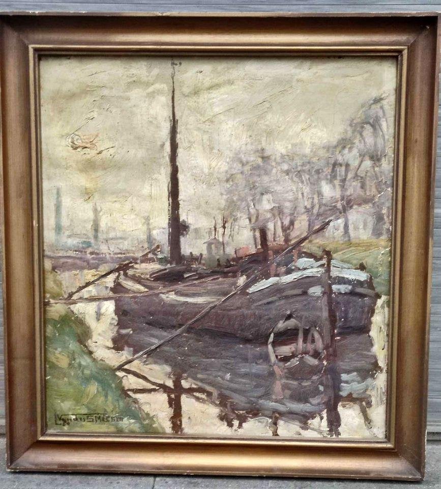 Huile sur toile péniche signe Léo vandermissen, Antiquités & Art, Enlèvement ou Envoi, Toile