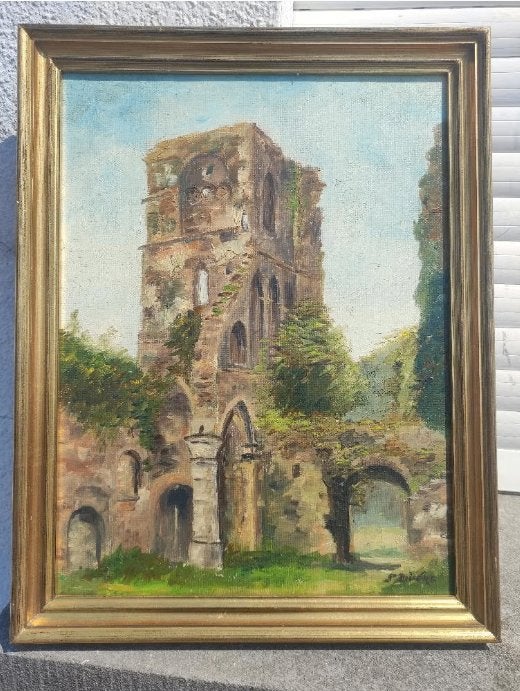 Huile sur toile les ruines de abbaye signe dîners, Antiquités & Art, Enlèvement ou Envoi, Toile