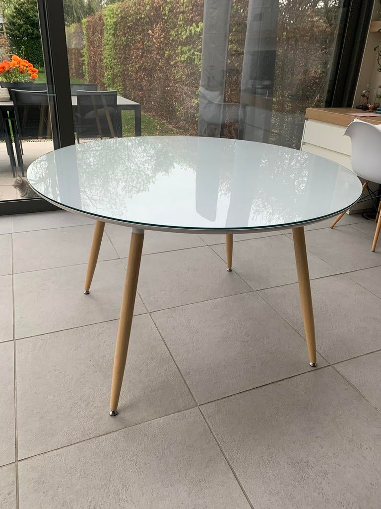 Ronde tafel met glazen dekblad (120cm), Ophalen, Zo goed als nieuw
