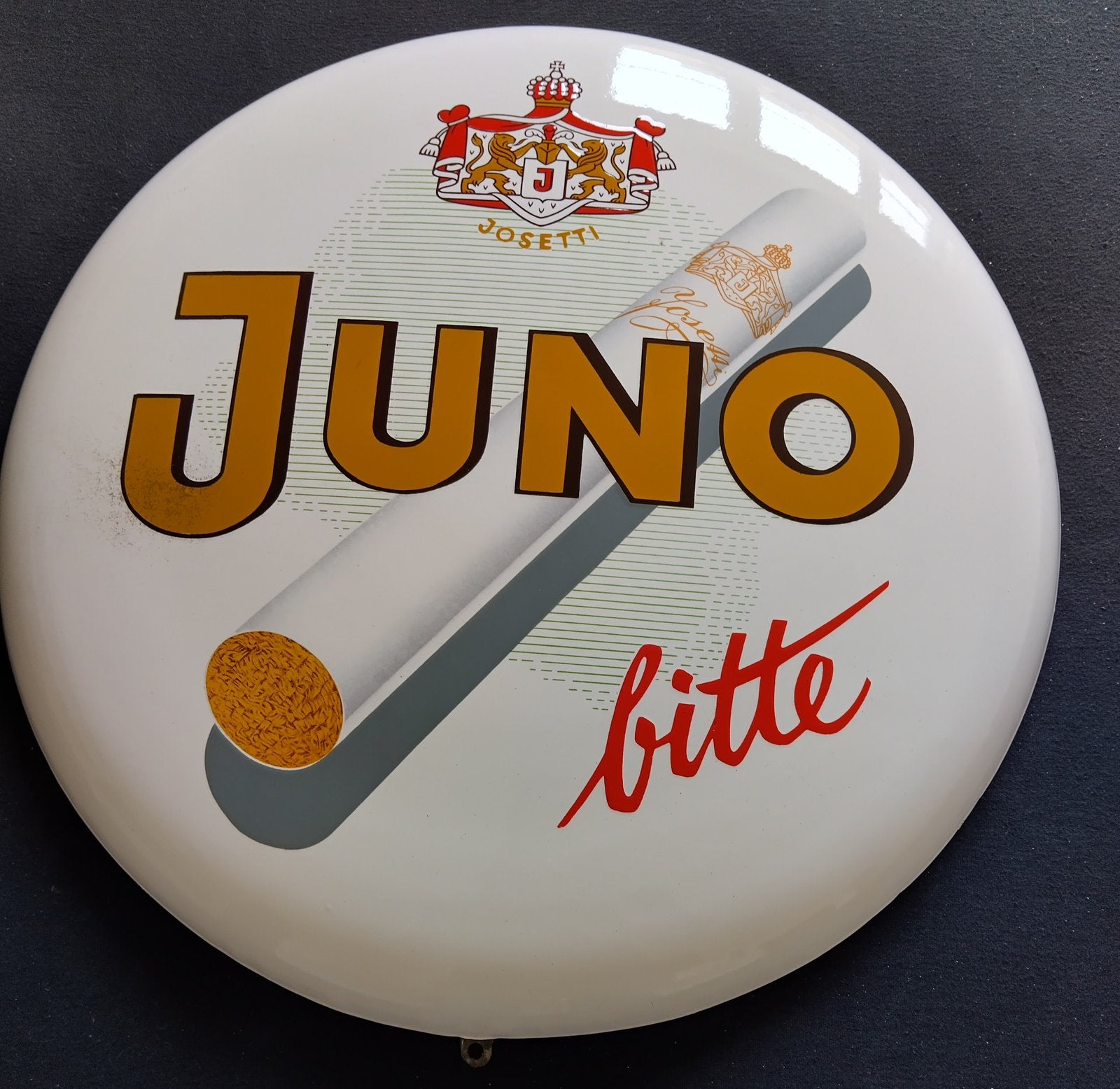 Emaille JUNO Tabacs by JOSETTI Berlijn 1956. (60cm), Enlèvement ou Envoi, Comme neuf, Panneau publicitaire