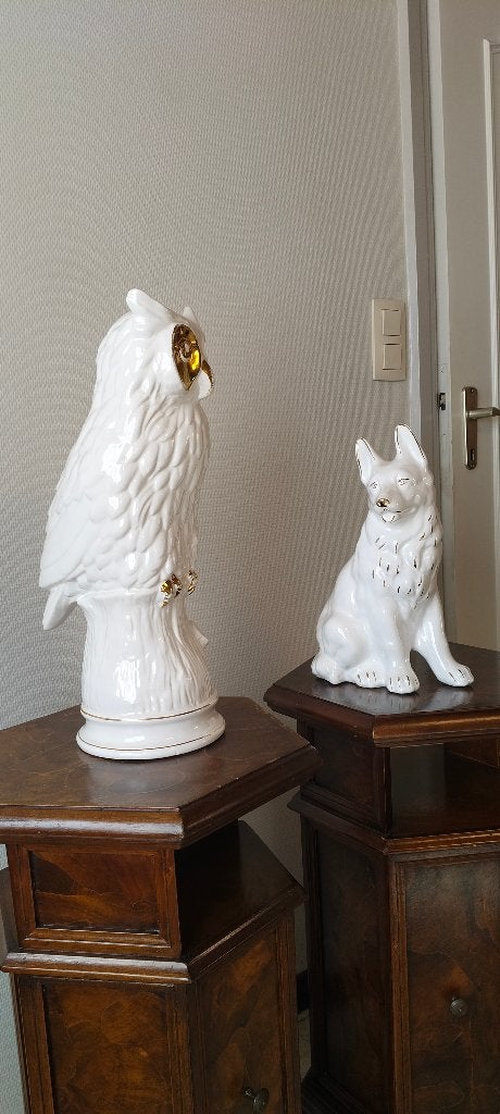 Vintage keramiek beeld [Uil/Hond] – Wit met goud accenten., Ophalen, Geglazuurd, Zoogdier, 20 - 50 cm