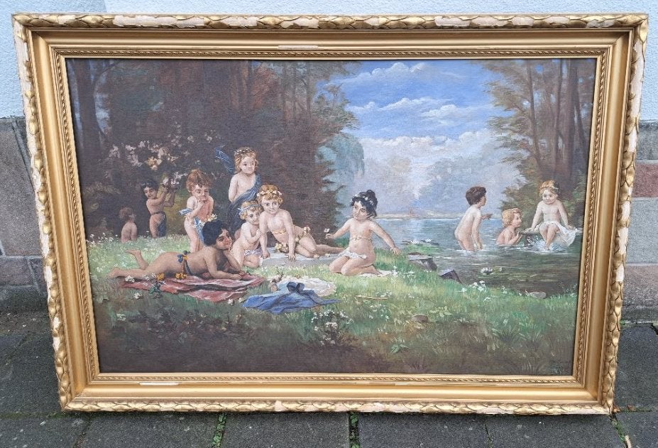 huile sur toile jeux d enfants signe rene ghist, Enlèvement, Toile