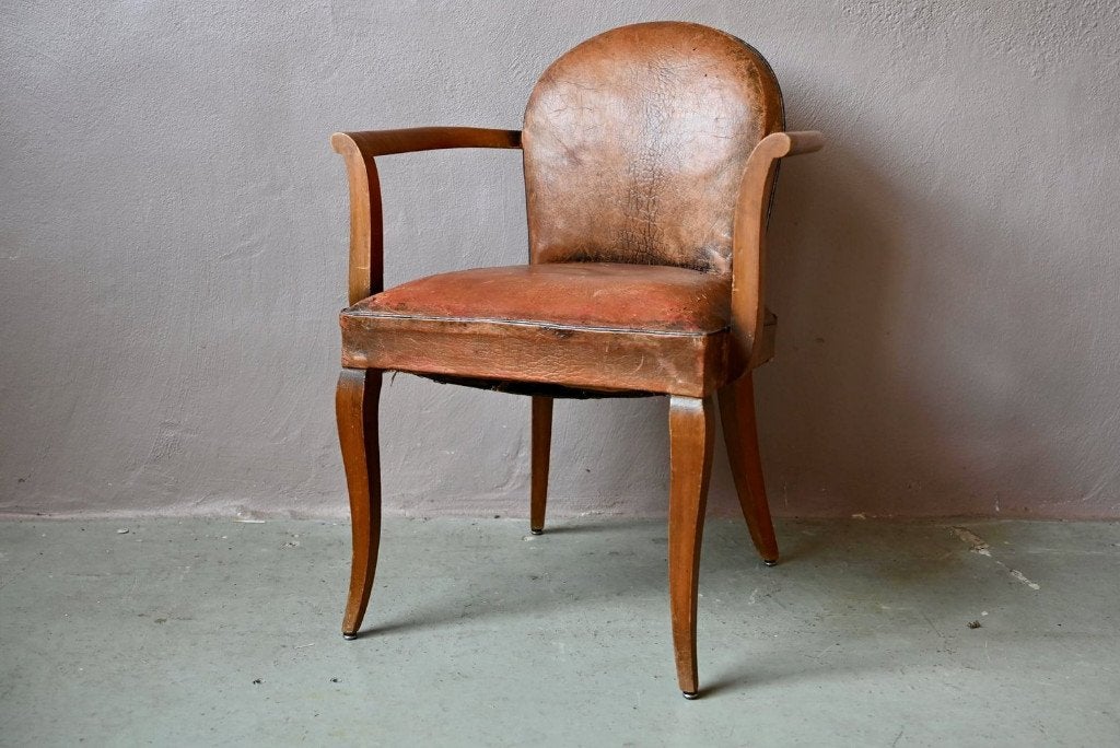 Fauteuil bridge Art Déco cuir et hêtre années 20, Art Déco, Moins de 75 cm, Bois, Enlèvement