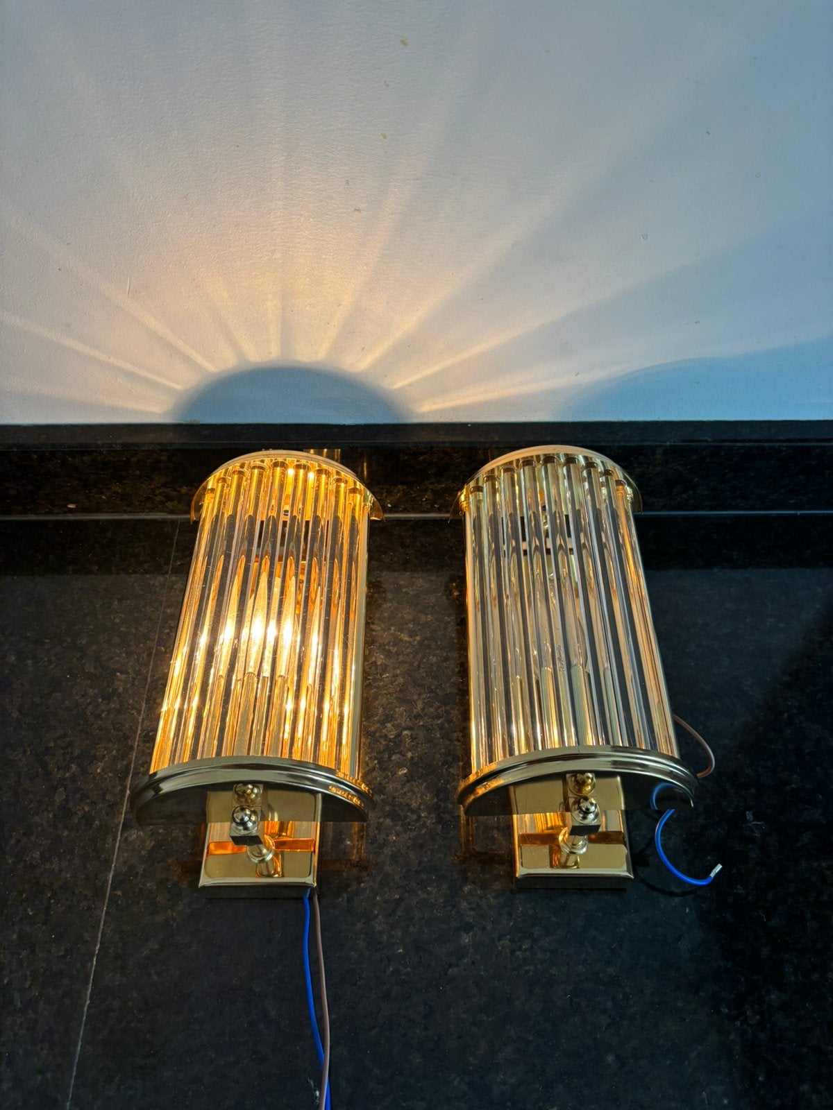 Vintage set hollywood regency wandlampen messing & glas, Ophalen of Verzenden, Gebruikt