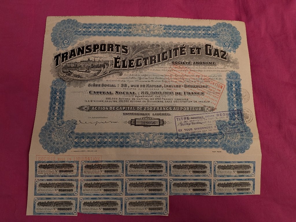 Antiquarisch aandeel Transports electricité et gaz, 1929, Postzegels en Munten, Ophalen of Verzenden, 1920 tot 1950, Aandeel