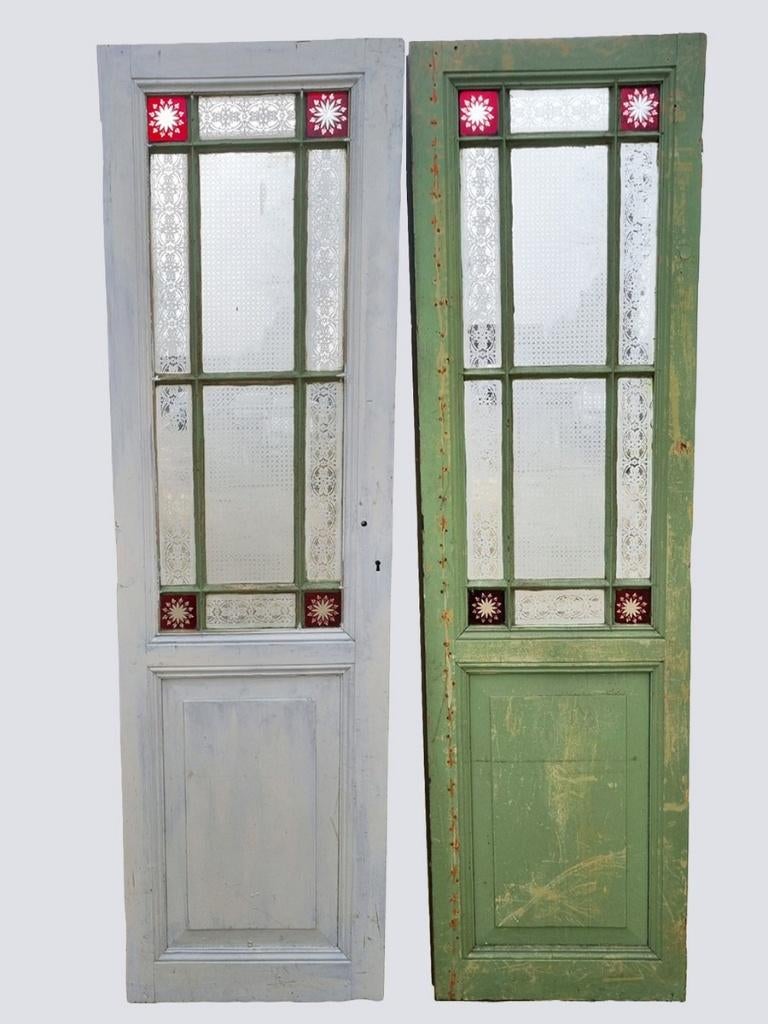 Set antieke dubbele geetste/ gestraalde houten paneeldeuren, Enlèvement, Utilisé, Verre
