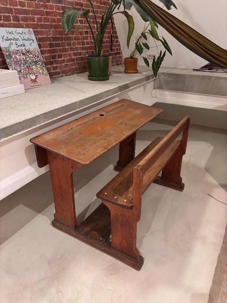 Authentieke vintage schoolbank met zitbank, Antiek en Kunst, Ophalen