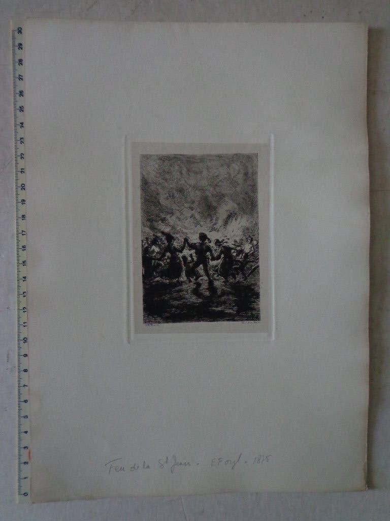19de eeuwe ets van Edgard Baes "Vreugdevuur" uit 1875, Antiquités & Art, Eau-forte, Signé, Vie quotidienne, 1800 - 1899