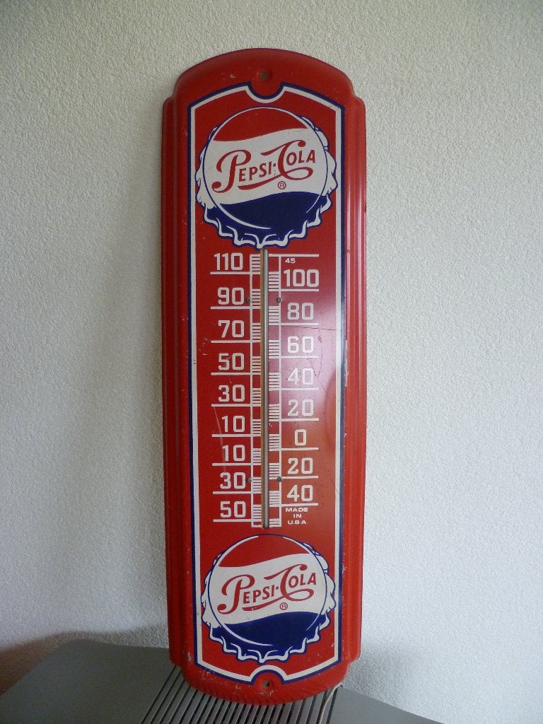 BLIKKEN RECLAME THERMOMETER"PEPSI  COLA"UIT JAREN 60, Enlèvement ou Envoi, Utilisé, Panneau publicitaire