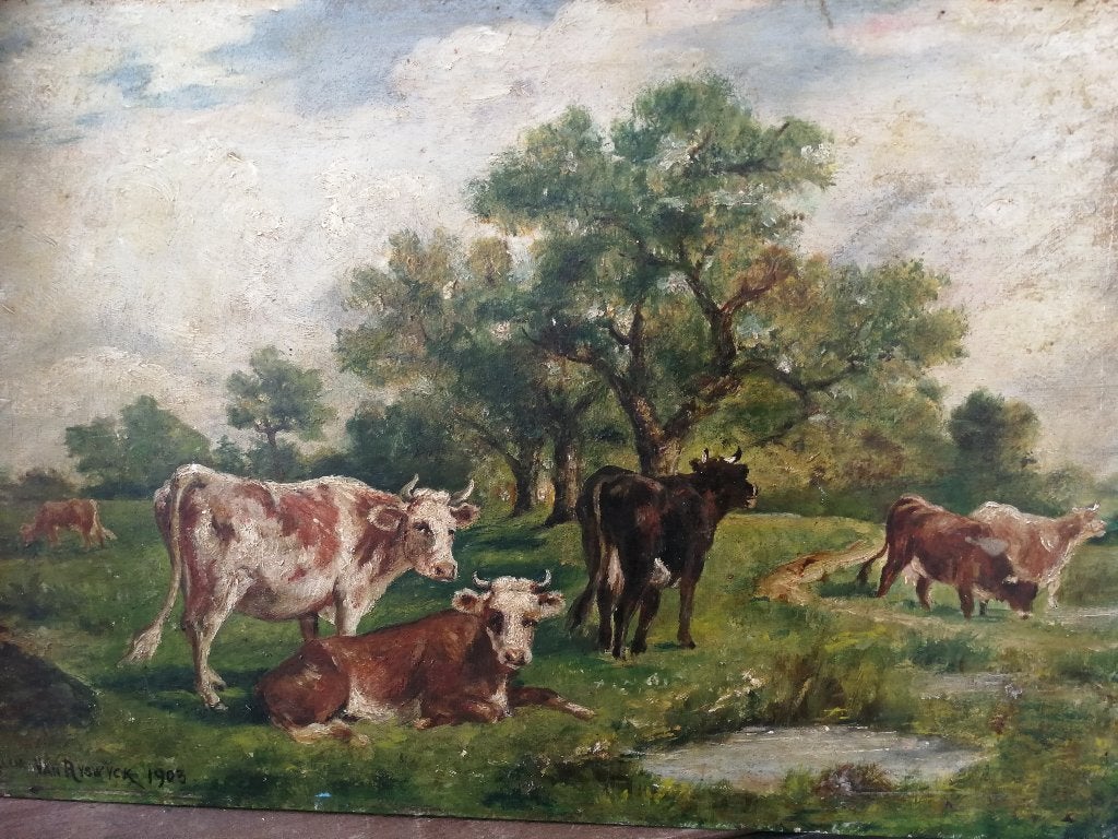Antiek schilderij koeien olieverf, H. W. Van Rijswijck 1904., Ophalen
