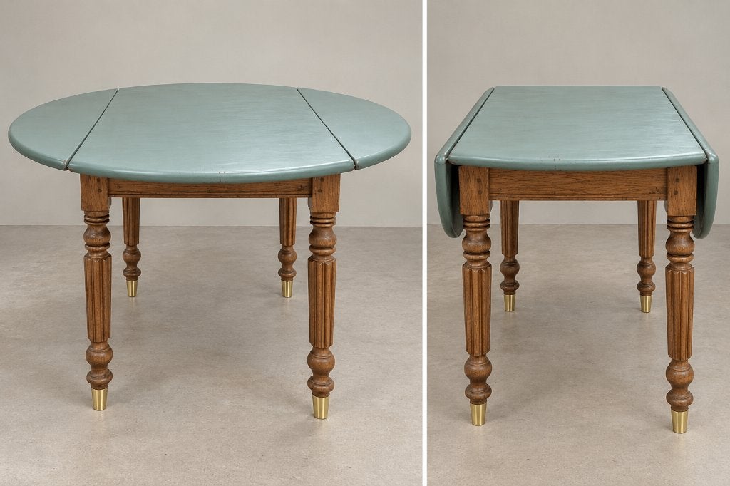 Table ronde à abattants – chêne & plateau vert sauge, 100 à 150 cm, Quatre personnes, Chêne, Rond