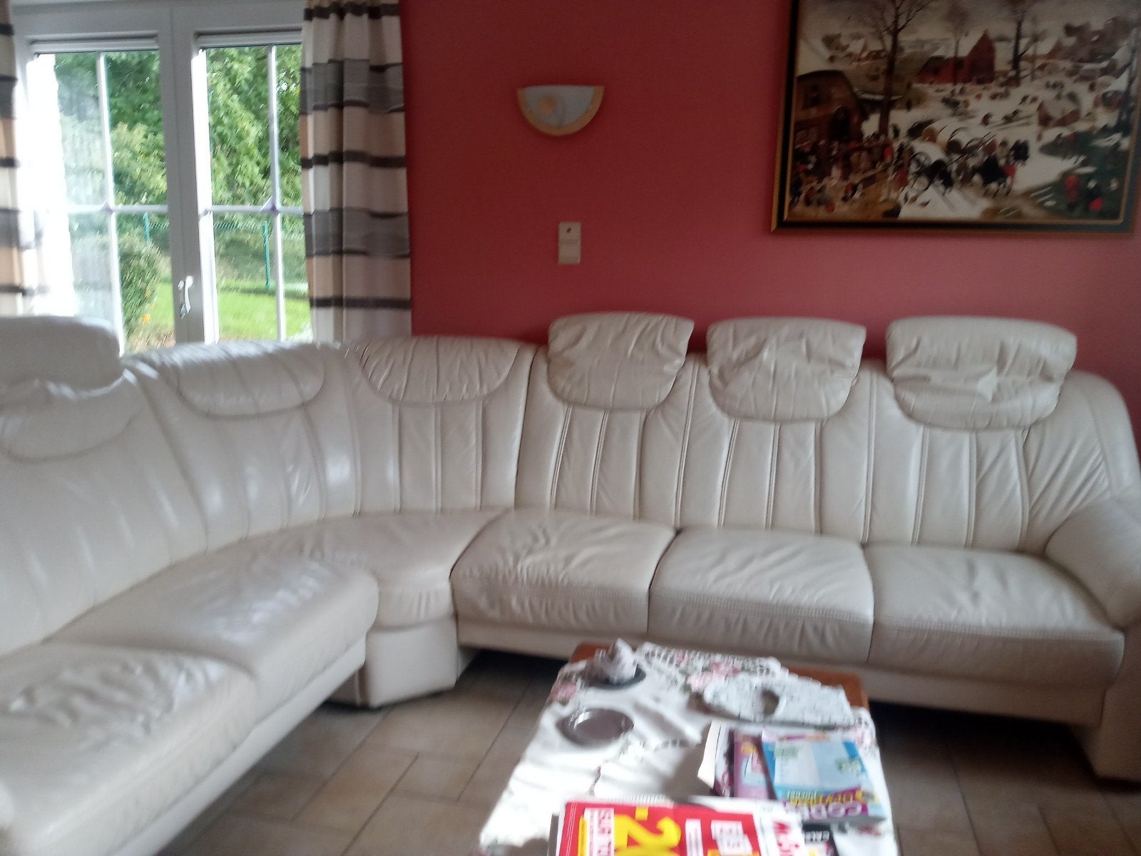 Lichtbeige hoekbank AV 6-zits, Ophalen of Verzenden, Zo goed als nieuw, Leer, Moderne