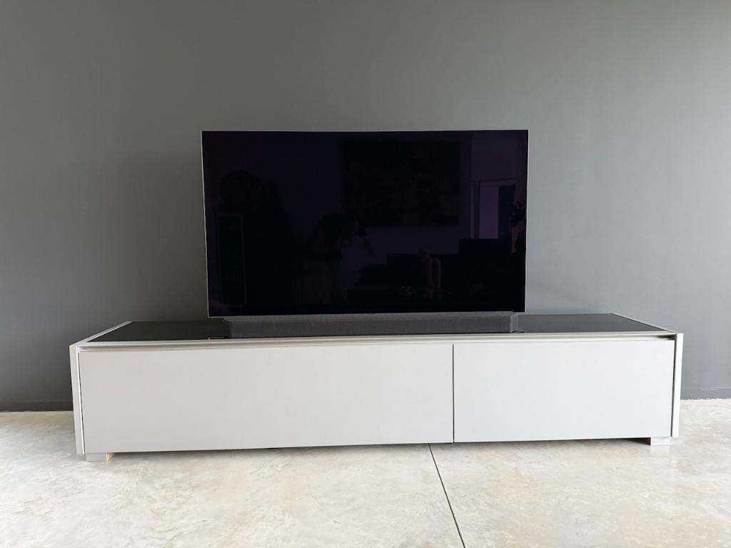 Podium tv meubel zwart gehard glas, 200 cm ou plus, Moins de 100 cm, Comme neuf, Verre