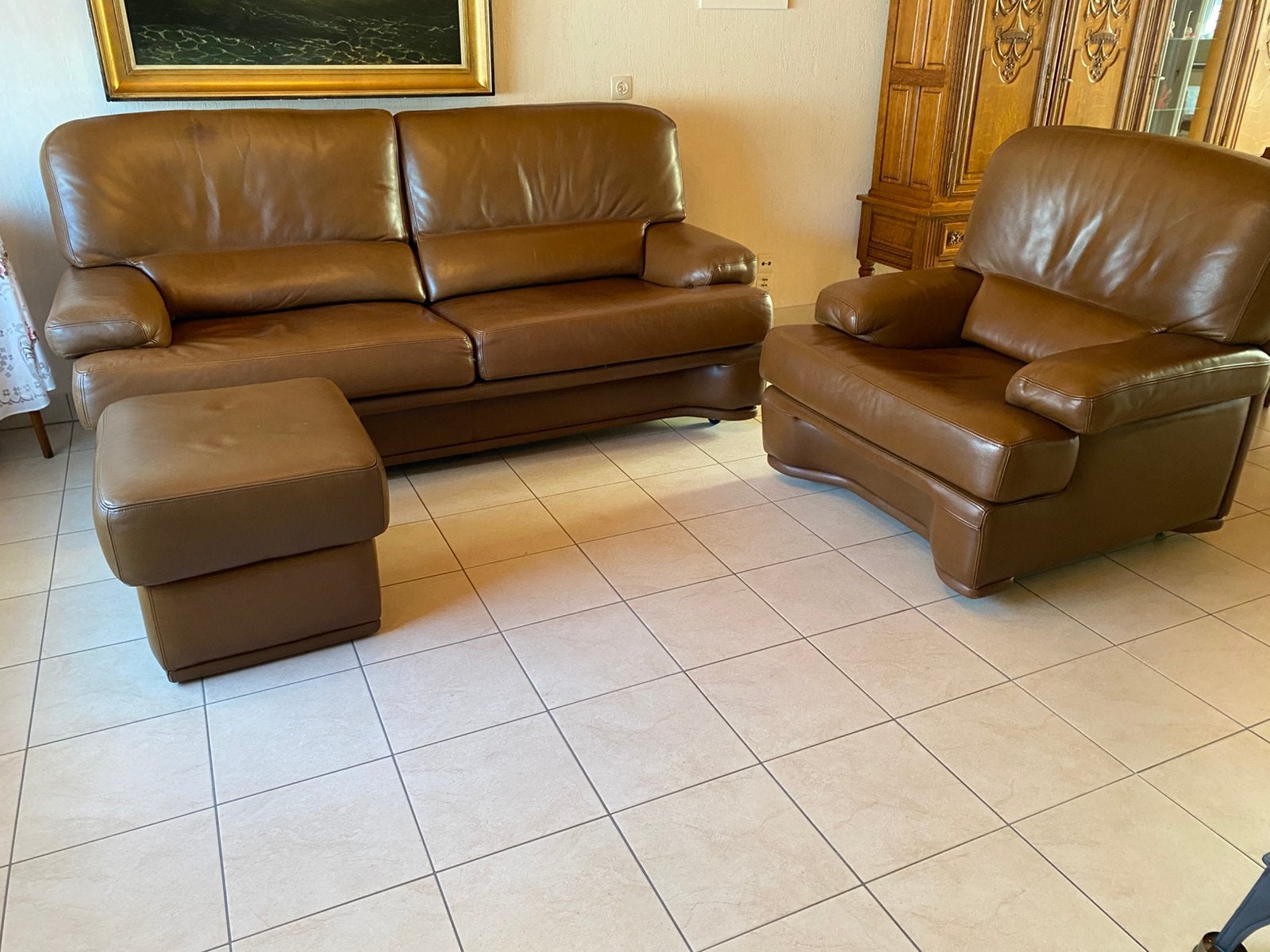 Cognacbruin salon in gepigmenteerd leder, Ophalen, Gebruikt, Leer
