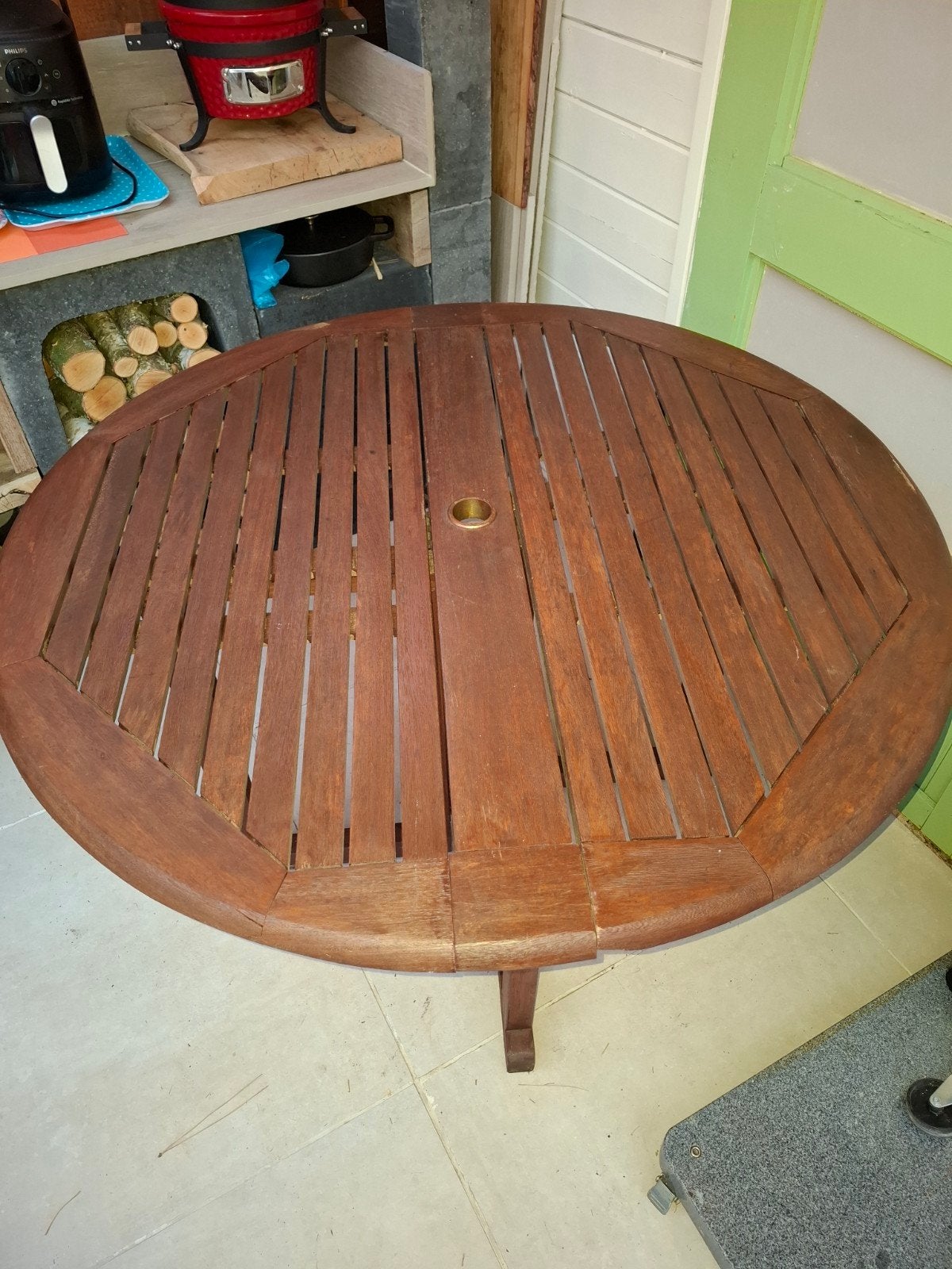 tuintafel  opklapbaar, Tuin en Terras, Tuintafels, Ophalen, Zo goed als nieuw, Rond, Teakhout