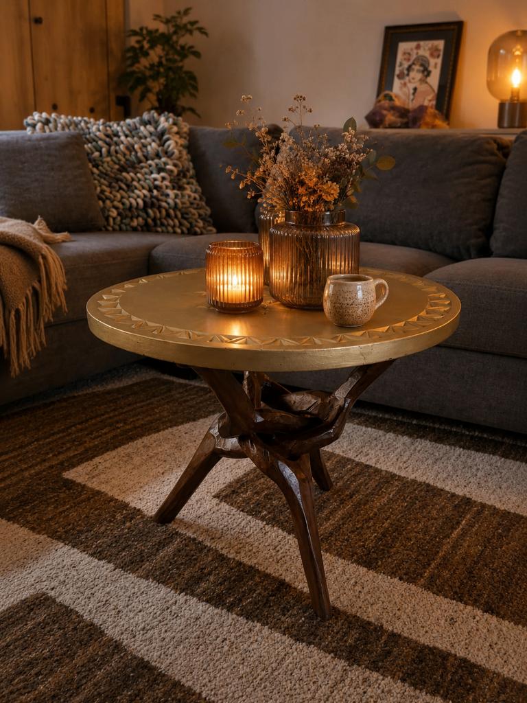 Handgemaakt Afrikaans salontafeltje – gouden blad, Maison & Meubles, Tables | Tables de salon, Comme neuf, Moins de 50 cm, 50 à 100 cm