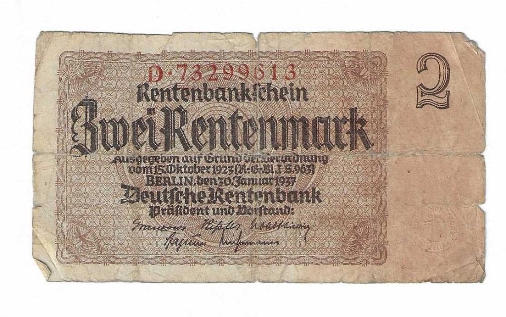 Oud bankbiljet Duitsland zwei Rentenmark (Munt 0008), Postzegels en Munten, Bankbiljetten | Europa | Niet-Eurobiljetten, Ophalen of Verzenden