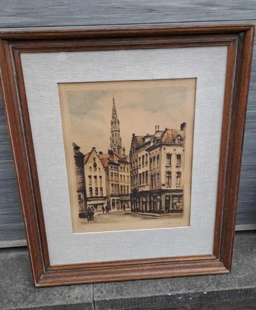 Gravure bruxelles signe roger hebbelinck, Antiquités & Art, Enlèvement ou Envoi, Gravure
