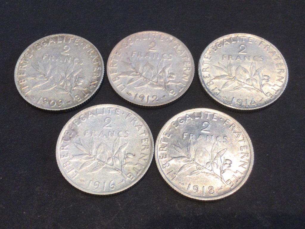 Frankrijk 5 x 2 Francs verschillende jaartallen zilver, Postzegels en Munten, Ophalen of Verzenden