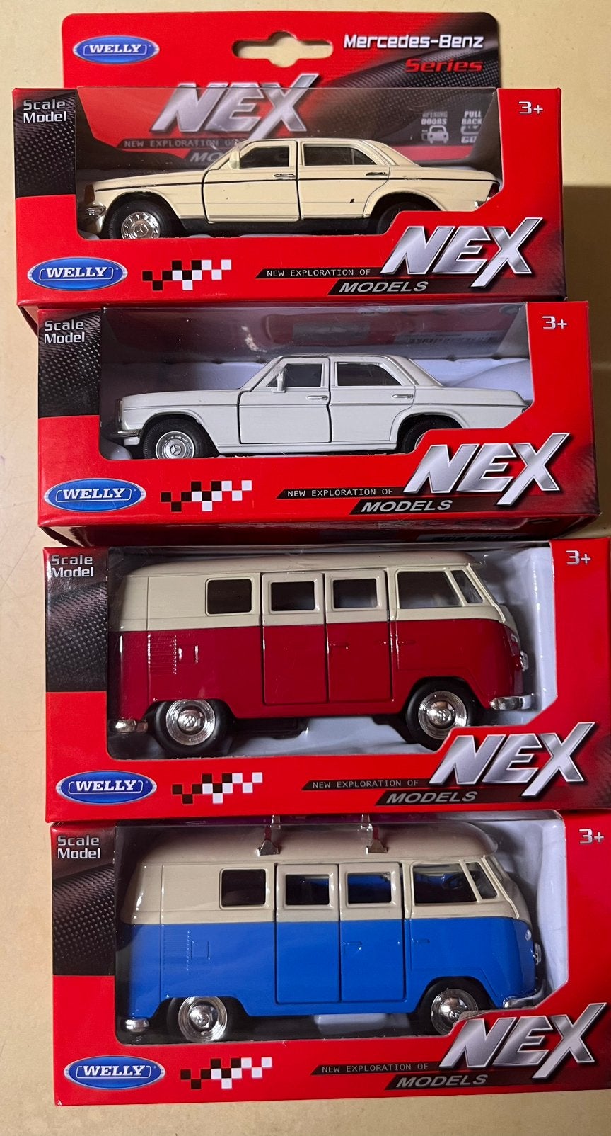 Lot 4x Welly NEX Models Die-Cast Auto's T1 Busjes & Mercedes, Ophalen of Verzenden, Zo goed als nieuw, Auto