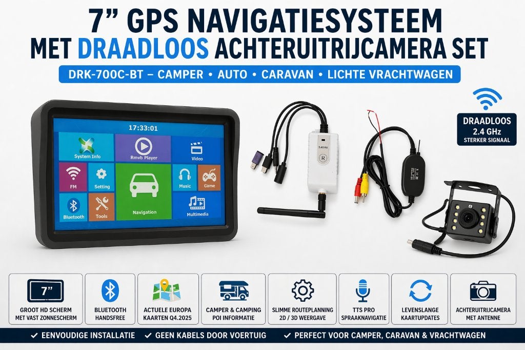 7 inch Camper GPS met Draadloos Achter-uit-rij camera-USBC, Info@drktech.be, Oosterwennel 35 Genk, Nieuw, Ophalen of Verzenden
