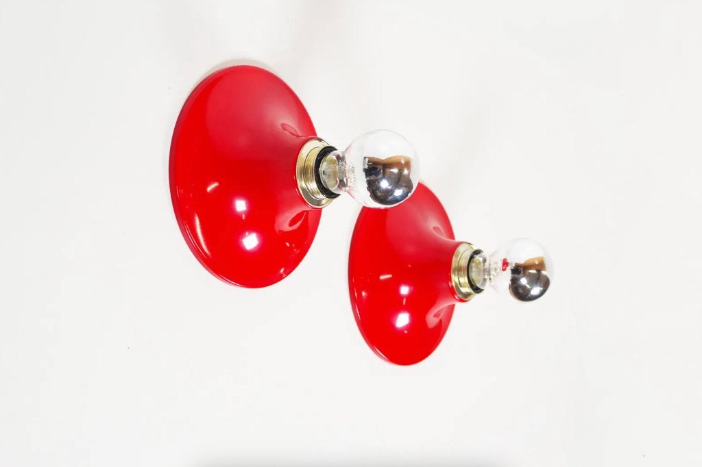 Vintage koppel discus wandlampen, Huis en Inrichting, Rood, Verzenden, E27 (groot), Zo goed als nieuw