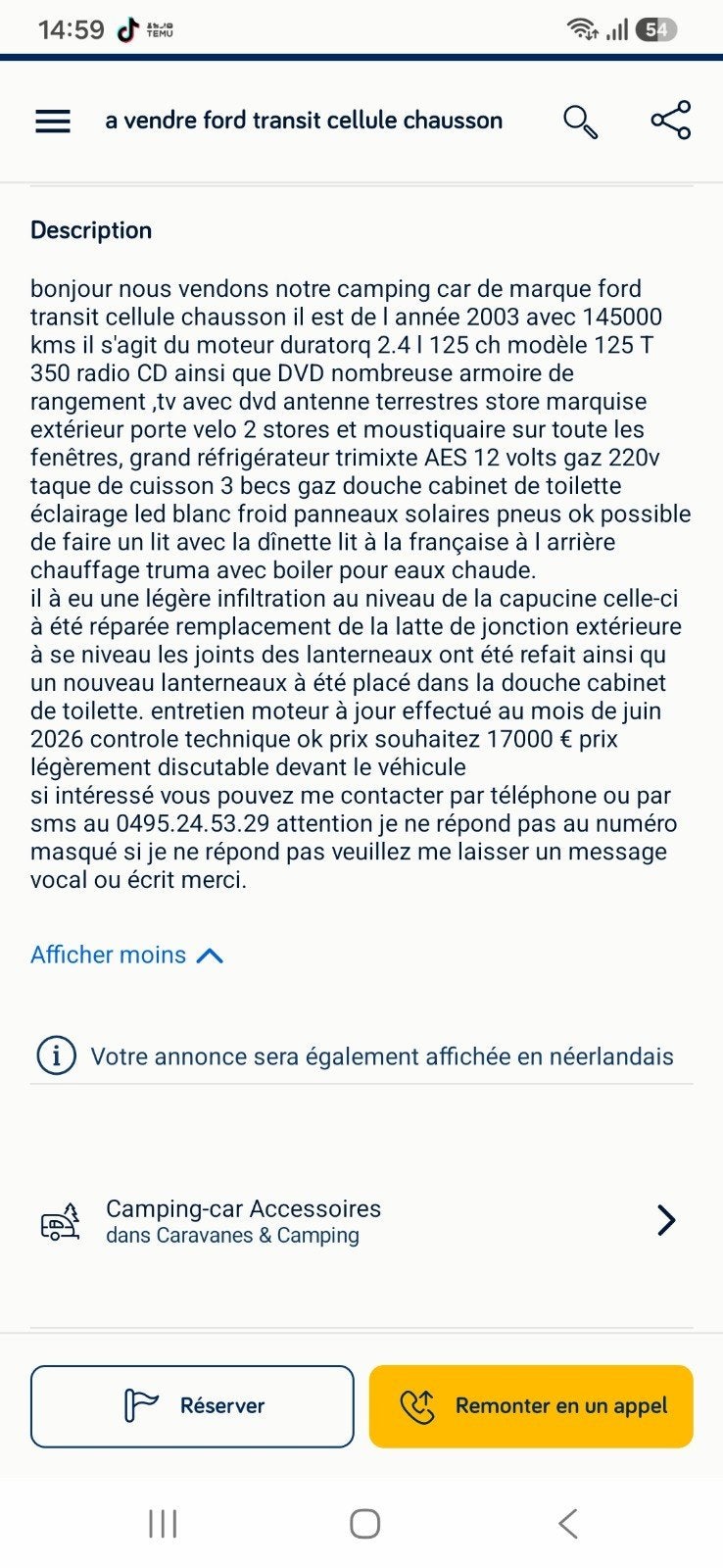 ford transit cellule chausson, Caravanes & Camping, 6 à 7 mètres, Toilette à cassette, Boîte manuelle, Éclairage extérieur