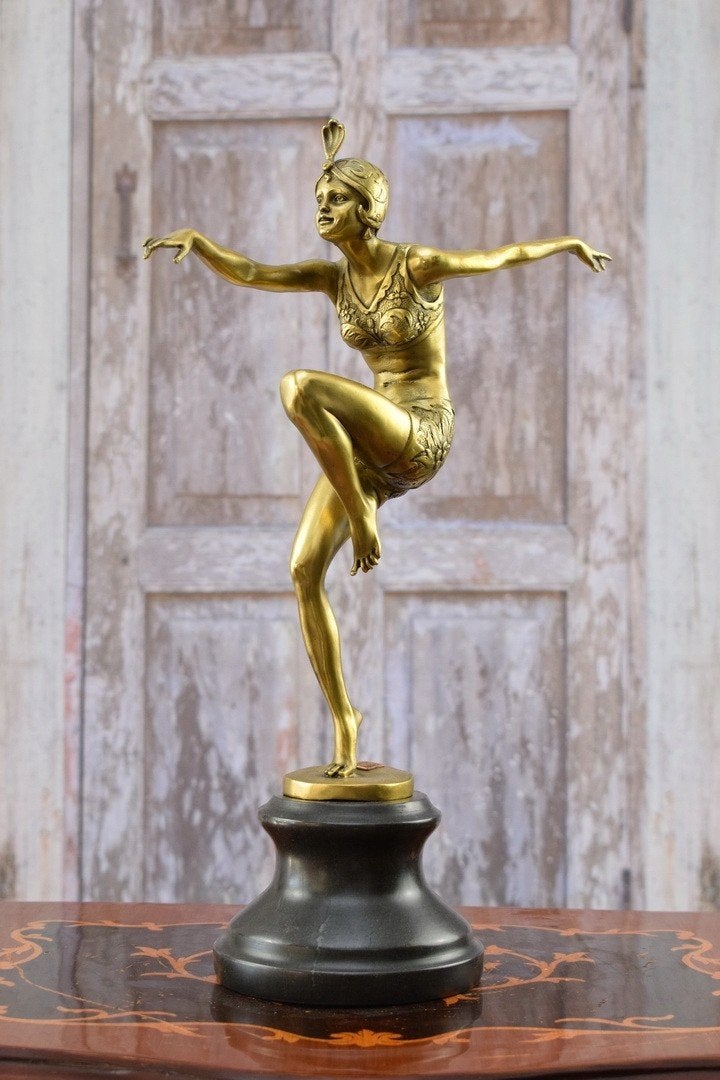prachtig bronzen beeld art deco danseres + gemerkt, Antiek en Kunst, Ophalen
