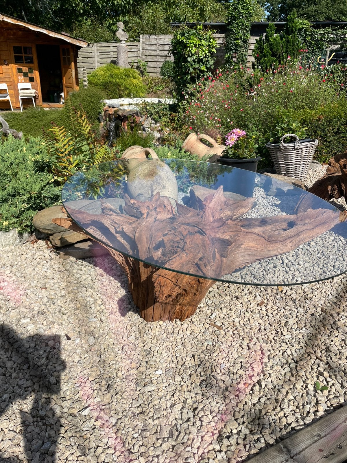 Salontafel van boomstam met glazen blad, Enlèvement, Comme neuf