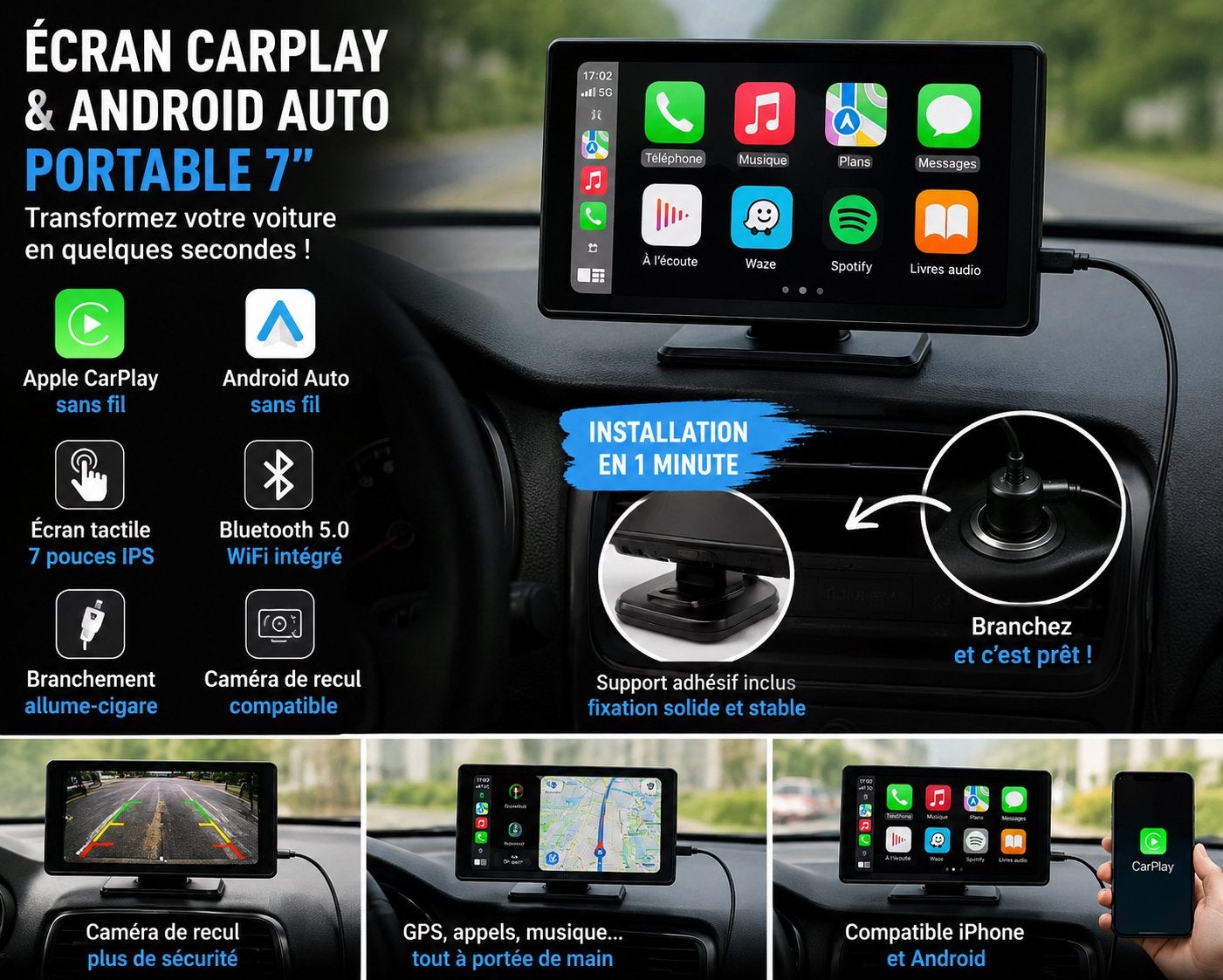 ✅ Écran CarPlay / Android Auto 7” – Plug & Play (Neuf) ✅, Auto diversen, Autoradio's, Nieuw, Ophalen of Verzenden